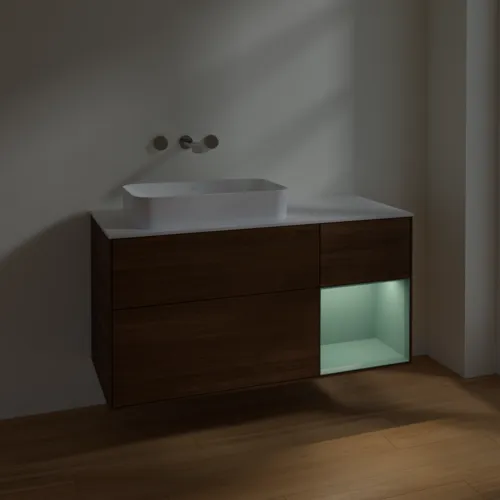 VILLEROY BOCH Toaletní stolek Finion, s osvětlením, 3 výsuvy, 1200 x 603 x 501 mm, ořechová dýha / olivový matný lak / sklo bílé matné #F691GMGN, obrázek 3