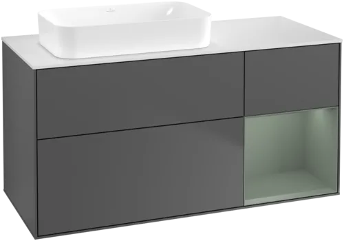VILLEROY BOCH Toaletní skříňka Finion, s osvětlením, 3 výsuvy, 1200 x 603 x 501 mm, antracitový matný lak / olivový matný lak / bílé matné sklo #F691GMGK
