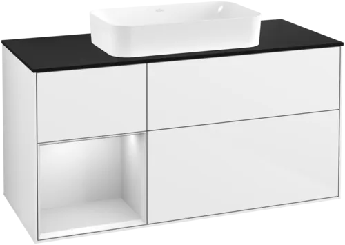 VILLEROY BOCH Toaletní skříňka Finion, s osvětlením, 3 výsuvy, 1200 x 603 x 501 mm, lesklý bílý lak / bílý matný lak / sklo černé matné #F702MTGF