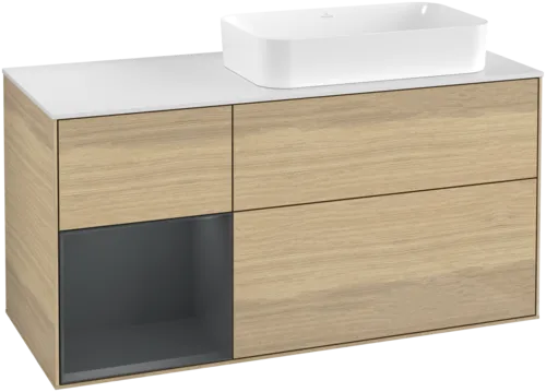 VILLEROY BOCH Toaletní skříňka Finion, s osvětlením, 3 výsuvy, 1200 x 603 x 501 mm, dubová dýha / půlnočně modrý matný lak / bílé matné sklo #F681HGPC