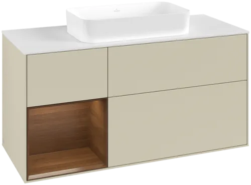 VILLEROY BOCH Toaletní skříňka Finion, s osvětlením, 3 výsuvy, 1200 x 603 x 501 mm, hedvábně šedý matný lak / ořechová dýha / sklo bílé matné #F701GNHJ