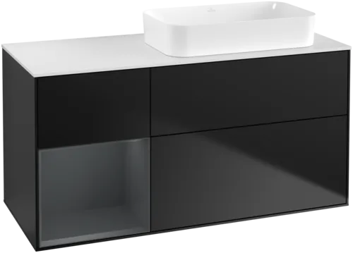 VILLEROY BOCH Toaletní skříňka Finion, s osvětlením, 3 výsuvy, 1200 x 603 x 501 mm, černý matný lak / půlnoční modrý matný lak / bílé matné sklo #F681HGPD