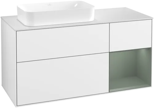 VILLEROY BOCH Toaletní skříňka Finion, s osvětlením, 3 výsuvy, 1200 x 603 x 501 mm, lesklý bílý lak / olivově matný lak / sklo bílé matné #F691GMGF