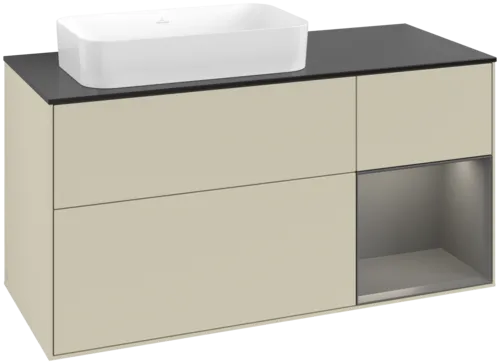 VILLEROY BOCH Toaletní skříňka Finion, s osvětlením, 3 výsuvy, 1200 x 603 x 501 mm, hedvábně šedý matný lak / antracitový matný lak / černé matné sklo #F692GKHJ