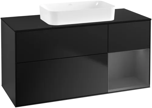 VILLEROY BOCH Toaletní skříňka Finion, s osvětlením, 3 výsuvy, 1200 x 603 x 501 mm, černý matný lak / antracitový matný lak / černé matné sklo #F712GKPD