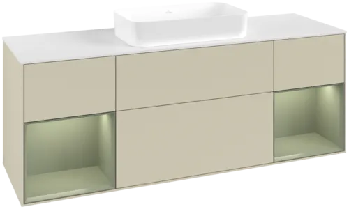 VILLEROY BOCH Toaletní skříňka Finion, s osvětlením, 4 výsuvy, 1600 x 603 x 501 mm, hedvábně šedý matný lak / olivový matný lak / bílé matné sklo #F741GMHJ