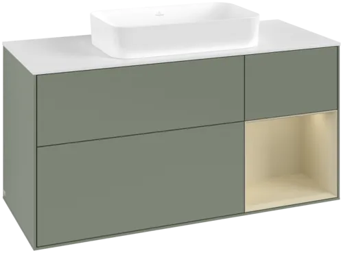 VILLEROY BOCH Toaletní skříňka Finion, s osvětlením, 3 výsuvy, 1200 x 603 x 501 mm, olivový matný lak / hedvábně šedý matný lak / bílé matné sklo #F711HJGM
