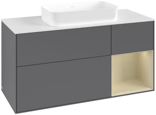 VILLEROY BOCH Toaletní skříňka Finion, s osvětlením, 3 výsuvy, 1200 x 603 x 501 mm, antracitový matný lak / hedvábně šedý matný lak / bílé matné sklo #F711HJGK