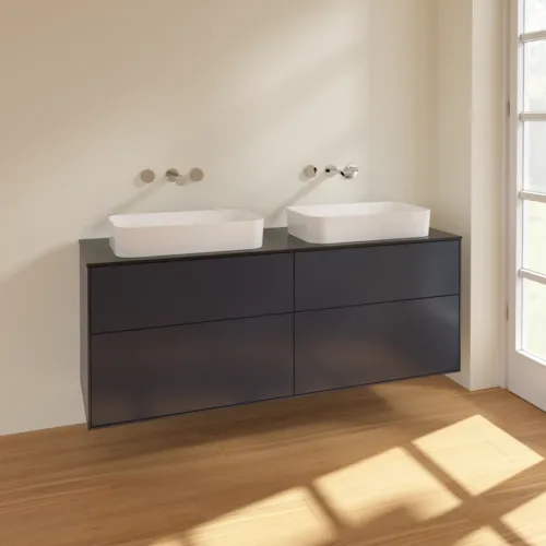 VILLEROY BOCH Toaletní skříňka Finion, 4 výsuvy, 1600 x 603 x 501 mm, půlnočně modrý matný lak / černé matné sklo #F72200HG, obrázek 2