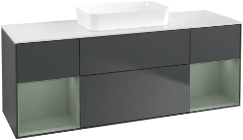 VILLEROY BOCH Toaletní skříňka Finion, s osvětlením, 4 výsuvy, 1600 x 603 x 501 mm, Midnight Blue Matt Lacquer / Olive Matt Lacquer / Glass White Matt #F741GMHG
