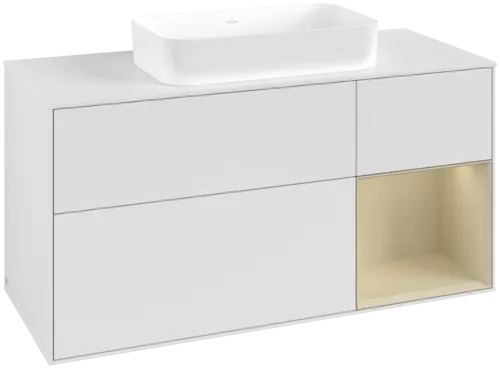 VILLEROY BOCH Toaletní skříňka Finion, s osvětlením, 3 výsuvy, 1200 x 603 x 501 mm, lesklý bílý lak / hedvábně šedý matný lak / bílé matné sklo #F711HJGF