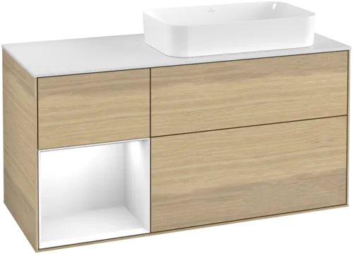 VILLEROY BOCH Toaletní skříňka Finion, s osvětlením, 3 výsuvy, 1200 x 603 x 501 mm, dubová dýha / lesklý bílý lak / sklo bílé matné #F681GFPC