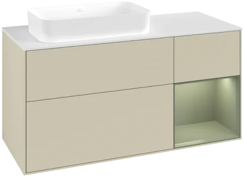 VILLEROY BOCH Toaletní skříňka Finion, s osvětlením, 3 výsuvy, 1200 x 603 x 501 mm, hedvábně šedý matný lak / olivový matný lak / bílé matné sklo #F691GMHJ