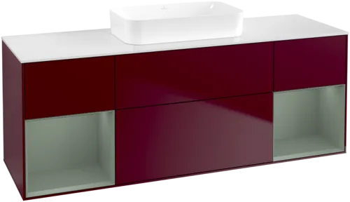 VILLEROY BOCH Toaletní skříňka Finion, s osvětlením, 4 výsuvy, 1600 x 603 x 501 mm, Pivoňka matný lak / Olivový matný lak / Sklo bílé matné #F741GMHB