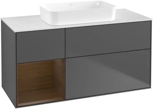 VILLEROY BOCH Toaletní skříňka Finion, s osvětlením, 3 výsuvy, 1200 x 603 x 501 mm, antracit matný lak / ořechová dýha / sklo bílé matné #F701GNGK