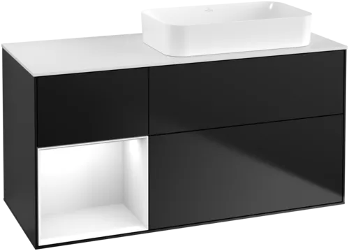 VILLEROY BOCH Toaletní skříňka Finion, s osvětlením, 3 výsuvy, 1200 x 603 x 501 mm, černý matný lak / bílý lesklý lak / bílé matné sklo #F681GFPD