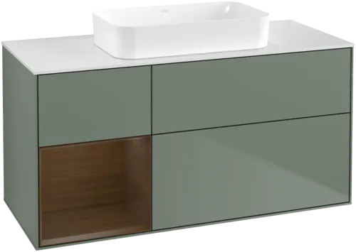 VILLEROY BOCH Toaletní skříňka Finion, s osvětlením, 3 výsuvy, 1200 x 603 x 501 mm, olivový matný lak / ořechová dýha / sklo bílé matné #F701GNGM