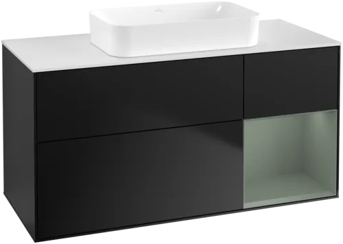 VILLEROY BOCH Toaletní skříňka Finion, s osvětlením, 3 výsuvy, 1200 x 603 x 501 mm, černý matný lak / olivový matný lak / bílé matné sklo #F711GMPD