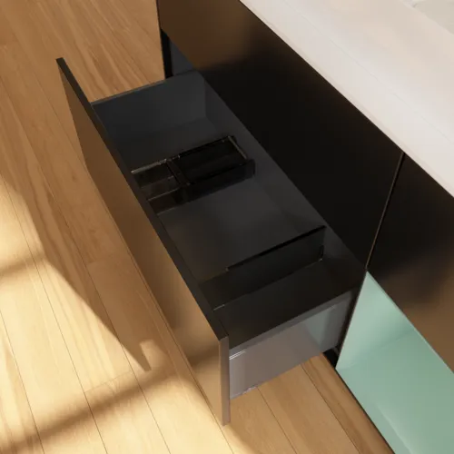 VILLEROY BOCH Toaletní skříňka Finion, s osvětlením, 3 výsuvy, 1200 x 603 x 501 mm, černý matný lak / olivový matný lak / bílé matné sklo #F711GMPD, obrázek 4