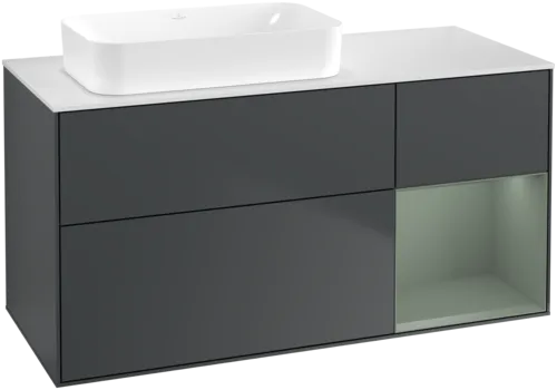 VILLEROY BOCH Toaletní skříňka Finion, s osvětlením, 3 výsuvy, 1200 x 603 x 501 mm, Midnight Blue Matt Lacquer / Olive Matt Lacquer / Glass White Matt #F691GMHG