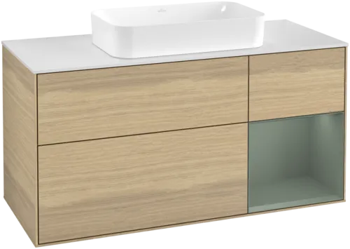VILLEROY BOCH Toaletní skříňka Finion, s osvětlením, 3 výsuvy, 1200 x 603 x 501 mm, dubová dýha / olivový matný lak / sklo bílé matné #F711GMPC