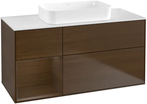 VILLEROY BOCH Toaletní skříňka Finion, s osvětlením, 3 výsuvy, 1200 x 603 x 501 mm, ořechová dýha / ořechová dýha / sklo bílé matné #F701GNGN