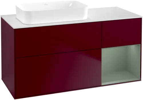 VILLEROY BOCH Toaletní skříňka Finion, s osvětlením, 3 výsuvy, 1200 x 603 x 501 mm, Pivoňka matný lak / Olivový matný lak / Sklo bílé matné #F691GMHB