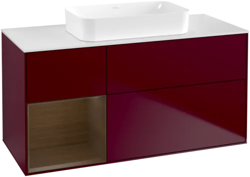 VILLEROY BOCH Toaletní skříňka Finion, s osvětlením, 3 výsuvy, 1200 x 603 x 501 mm, matný lak Peony / ořechová dýha / bílé matné sklo #F701GNHB