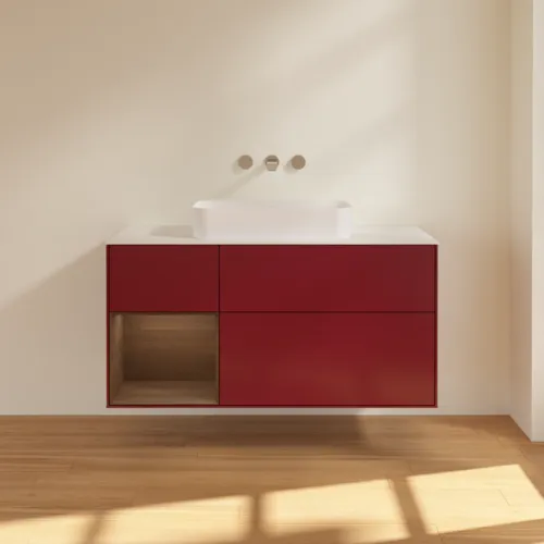 VILLEROY BOCH Toaletní skříňka Finion, s osvětlením, 3 výsuvy, 1200 x 603 x 501 mm, matný lak Peony / ořechová dýha / bílé matné sklo #F701GNHB, obrázek 2
