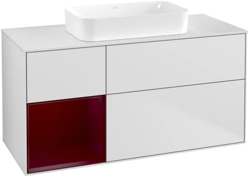 VILLEROY BOCH Toaletní skříňka Finion, s osvětlením, 3 výsuvy, 1200 x 603 x 501 mm, bílý matný lak / pivoňkový matný lak / sklo bílé matné #F701HBMT