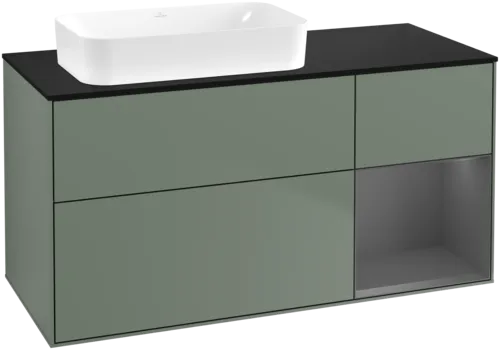 VILLEROY BOCH Toaletní skříňka Finion, s osvětlením, 3 výsuvy, 1200 x 603 x 501 mm, olivový matný lak / antracitový matný lak / černé matné sklo #F692GKGM