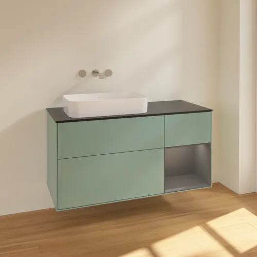 VILLEROY BOCH Toaletní skříňka Finion, s osvětlením, 3 výsuvy, 1200 x 603 x 501 mm, olivový matný lak / antracitový matný lak / černé matné sklo #F692GKGM, obrázek 2