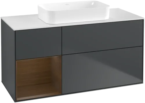 VILLEROY BOCH Toaletní skříňka Finion, s osvětlením, 3 výsuvy, 1200 x 603 x 501 mm, půlnočně modrý matný lak / ořechová dýha / bílé matné sklo #F701GNHG