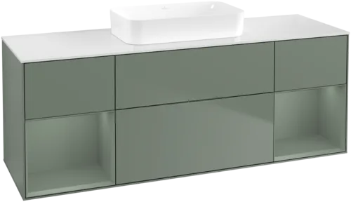 VILLEROY BOCH Toaletní skříňka Finion, s osvětlením, 4 výsuvy, 1600 x 603 x 501 mm, olivově matný lak / olivově matný lak / sklo bílé matné #F741GMGM