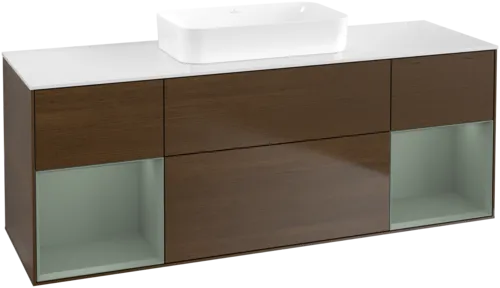 VILLEROY BOCH Toaletní skříňka Finion, s osvětlením, 4 výsuvy, 1600 x 603 x 501 mm, ořechová dýha / olivový matný lak / sklo bílé matné #F741GMGN