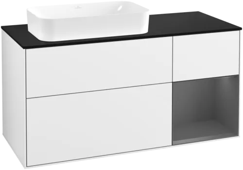 VILLEROY BOCH Toaletní skříňka Finion, s osvětlením, 3 výsuvy, 1200 x 603 x 501 mm, lesklý bílý lak / antracitový matný lak / černé matné sklo #F692GKGF