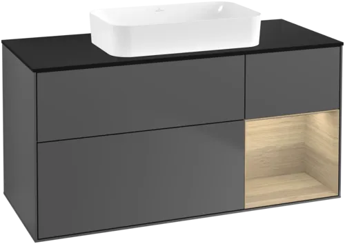 VILLEROY BOCH Toaletní skříňka Finion, s osvětlením, 3 výsuvy, 1200 x 603 x 501 mm, antracitový matný lak / dubová dýha / černé matné sklo #F712PCGK