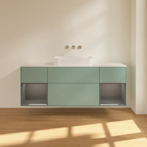 VILLEROY BOCH Toaletní skříňka Finion, s osvětlením, 4 výsuvy, 1600 x 603 x 501 mm, olivový matný lak / antracitový matný lak / bílé matné sklo #F741GKGM, obrázek 3