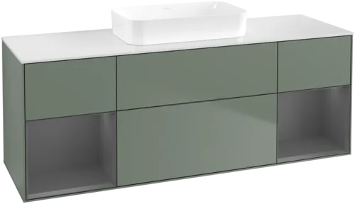 VILLEROY BOCH Toaletní skříňka Finion, s osvětlením, 4 výsuvy, 1600 x 603 x 501 mm, olivový matný lak / antracitový matný lak / bílé matné sklo #F741GKGM