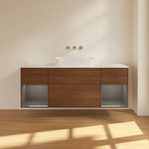 VILLEROY BOCH Toaletní skříňka Finion, s osvětlením, 4 výsuvy, 1600 x 603 x 501 mm, ořechová dýha / antracitový matný lak / bílé matné sklo #F741GKGN, obrázek 3