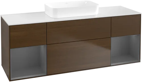 VILLEROY BOCH Toaletní skříňka Finion, s osvětlením, 4 výsuvy, 1600 x 603 x 501 mm, ořechová dýha / antracitový matný lak / bílé matné sklo #F741GKGN
