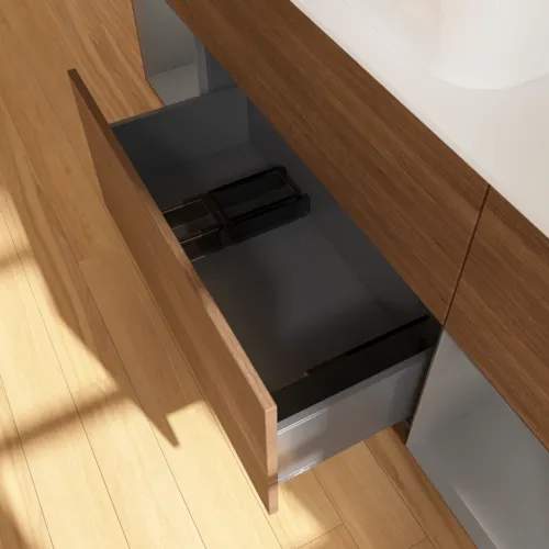VILLEROY BOCH Toaletní skříňka Finion, s osvětlením, 4 výsuvy, 1600 x 603 x 501 mm, ořechová dýha / antracitový matný lak / bílé matné sklo #F741GKGN, obrázek 6