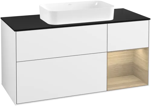 VILLEROY BOCH Toaletní skříňka Finion, s osvětlením, 3 výsuvy, 1200 x 603 x 501 mm, lesklý bílý lak / dubová dýha / černé matné sklo #F712PCGF