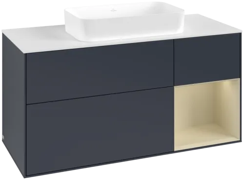 VILLEROY BOCH Toaletní skříňka Finion, s osvětlením, 3 výsuvy, 1200 x 603 x 501 mm, Midnight Blue Matt Lacquer / Silk Grey Matt Lacquer / Glass White Matt #F711HJHG