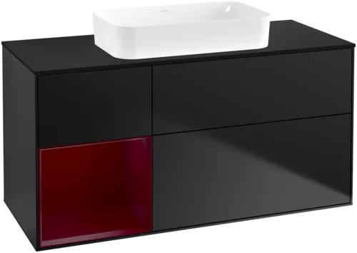 VILLEROY BOCH Toaletní skříňka Finion, s osvětlením, 3 výsuvy, 1200 x 603 x 501 mm, černý matný lak / pivoňkový matný lak / černé matné sklo #F702HBPD