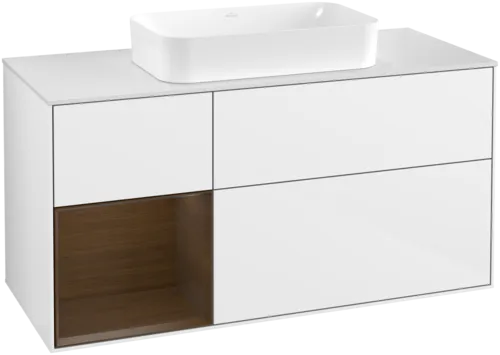 VILLEROY BOCH Toaletní skříňka Finion, s osvětlením, 3 výsuvy, 1200 x 603 x 501 mm, lesklý bílý lak / ořechová dýha / sklo bílé matné #F701GNGF