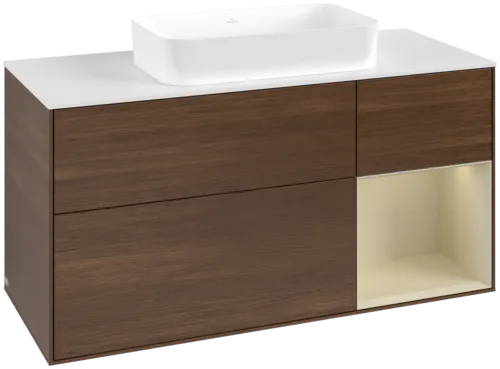 VILLEROY BOCH Toaletní skříňka Finion, s osvětlením, 3 výsuvy, 1200 x 603 x 501 mm, ořechová dýha / hedvábně šedý matný lak / sklo bílé matné #F711HJGN