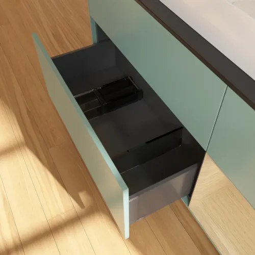 VILLEROY BOCH Toaletní skříňka Finion, s osvětlením, 3 výsuvy, 1200 x 603 x 501 mm, olivový matný lak / dubová dýha / sklo černé matné #F712PCGM, obrázek 2