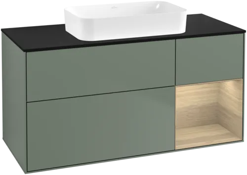 VILLEROY BOCH Toaletní skříňka Finion, s osvětlením, 3 výsuvy, 1200 x 603 x 501 mm, olivový matný lak / dubová dýha / sklo černé matné #F712PCGM