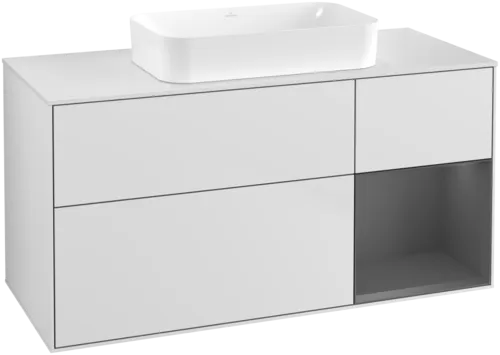 VILLEROY BOCH Toaletní skříňka Finion, s osvětlením, 3 výsuvy, 1200 x 603 x 501 mm, bílý matný lak / antracitový matný lak / bílé matné sklo #F711GKMT